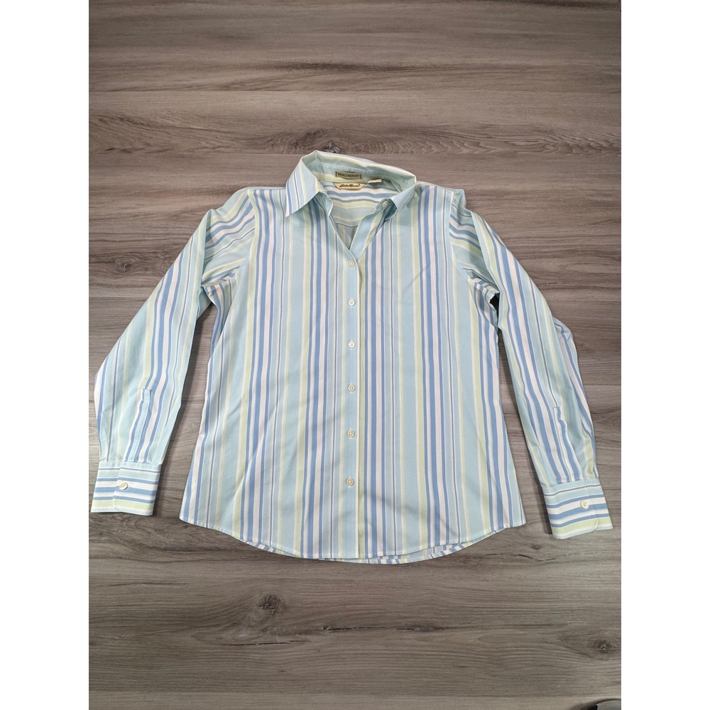 Eddie Bauer Womens Blue Green Striped Wrinkle Resistant Cotton Shirt Size‎ M